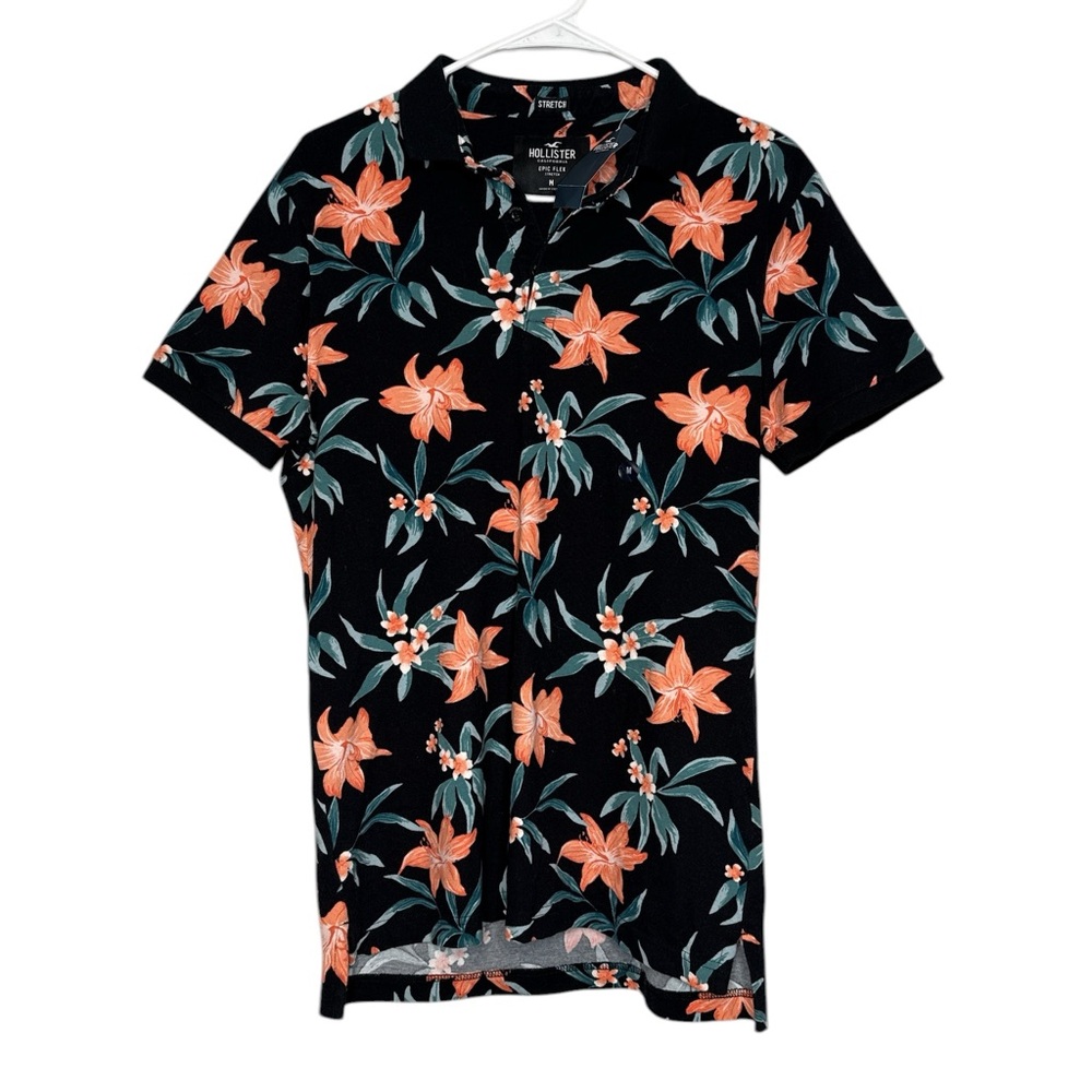 Hollister Men's Epic Flex Stretch Floral Black Polo Shirt NWT Size Medium